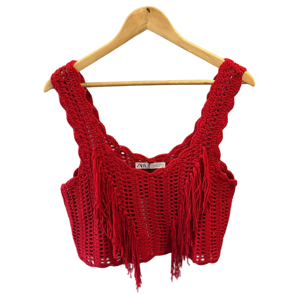 Zara Red Crochet Fringe Knit Sleeveless Crop Top M Weatern Festival Boho NEW - Picture 2 of 12